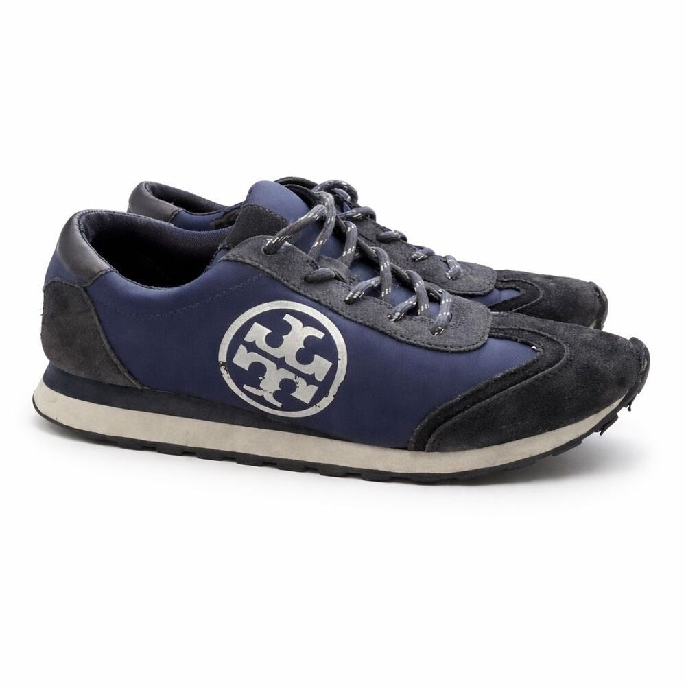 Tory Burch Vintage Nylon Runner Sneakers 6.5 Blue Suede Trim - Picture 2 of 5